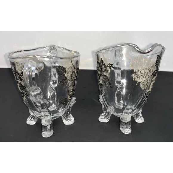 VIKING GLASS #42  Four Toed Open Sugar & Creamer SILVER CITY Springtime Overlay - Picture 4 of 10